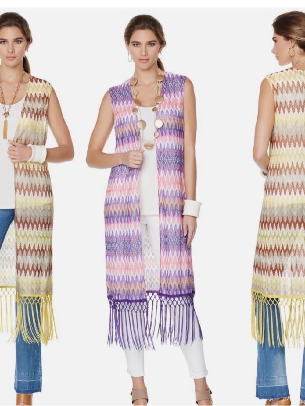 Nikki Poulos Long Chevron Knit Fringe Vest - Multicolor (Purple, Pink, Yellow)